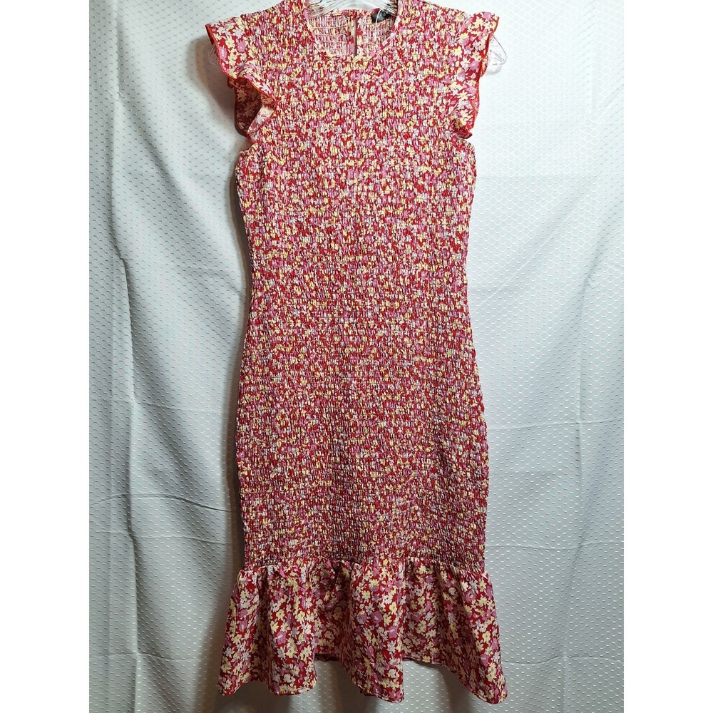 FASHION Brand Ditsy Floral Bodycon Smocked Dress Sz S Ruffle Hem Flutter Sleeve